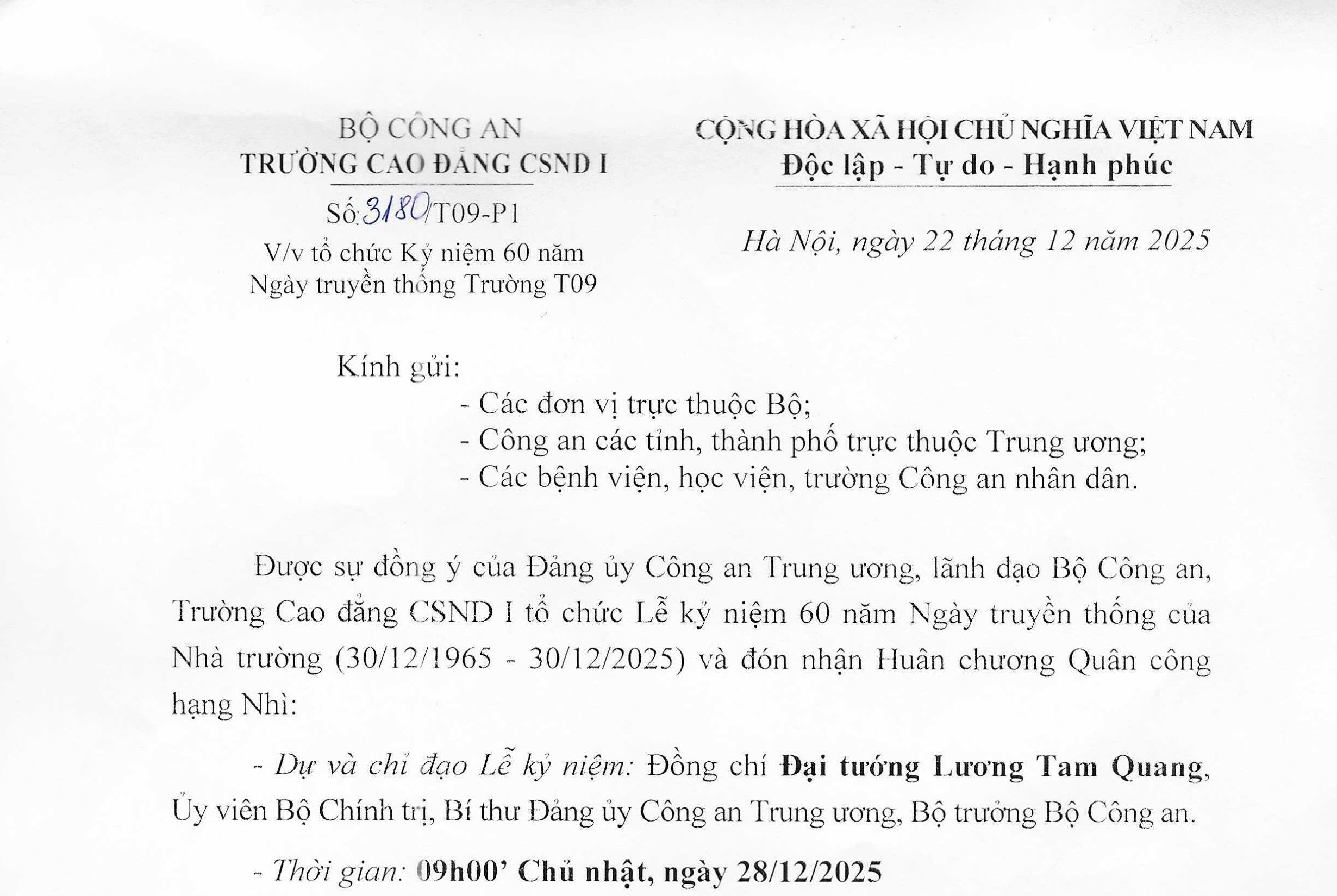 Thông báo tổ chức Kỷ niệm 60 năm Ngày truyền thống Trường T09