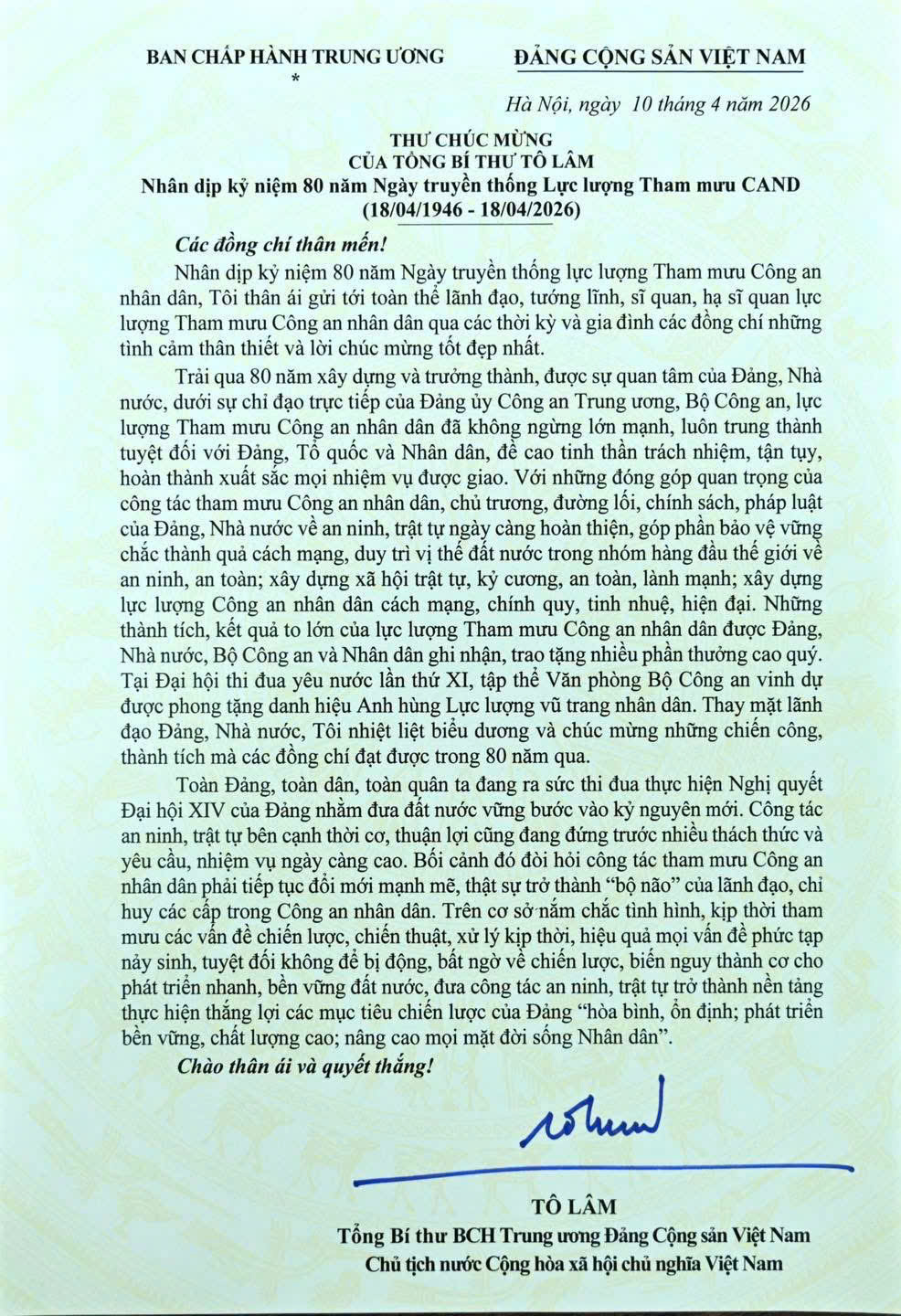 Thư chúc mừng của Tổng Bí thư Tô Lâm